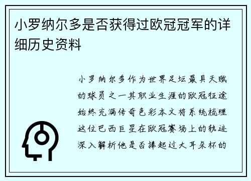 小罗纳尔多是否获得过欧冠冠军的详细历史资料